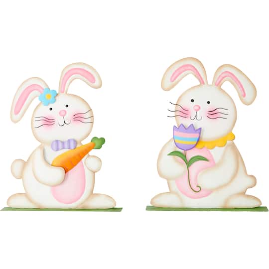 12" Metal Tabletop Easter Bunny Holding Flower & Carrots, 2ct.